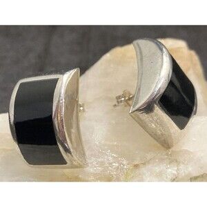 Vintage‎ Curved Black Onyx Inlay Earrings 925 Sterling Silver 16.5g 0.75'' Heavy